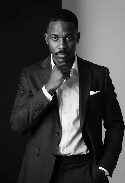 Black and white portrait of man in formal suit looking directly at