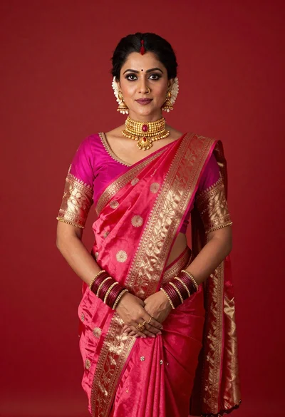 Poised woman in vibrant pink and red silk saree against solid red