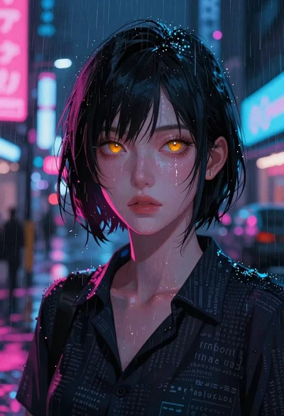 Woman portrait in neon rainy cyberpunk city street