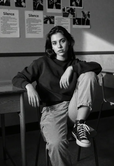 Young woman with dark hair sits in wooden chair inside classroom