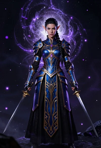 Elven warrior in ornate armor against cosmic void