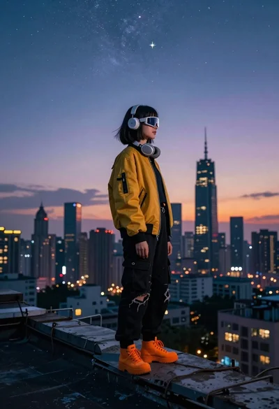 Young woman in yellow jacket stands on rooftop overlooking city skyline at