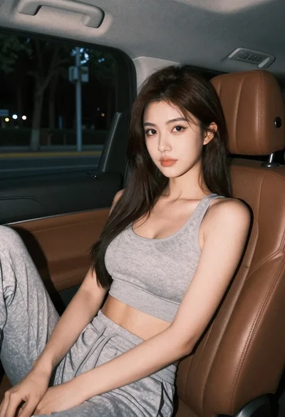 Young woman in sports bra sitting in car passenger seat at night