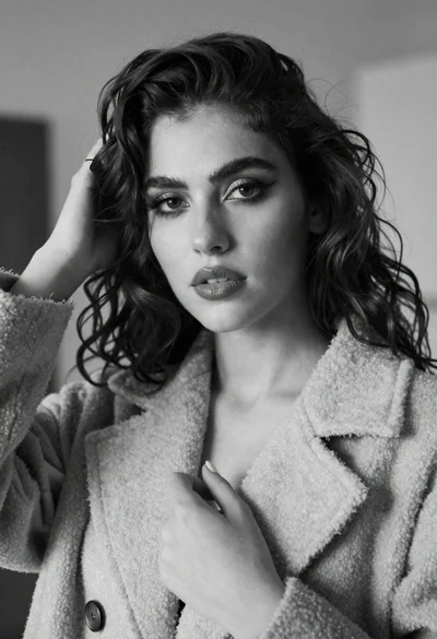 Close up black and white portrait of woman touching dark wavy hair