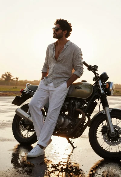 Stylish man with curly dark hair leans against vintage motorcycle on wet