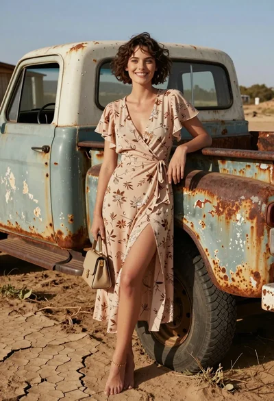 Smiling woman in floral dress by rusty vintage pickup truck in dry