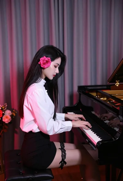 Profile view of woman playing grand piano with black hair