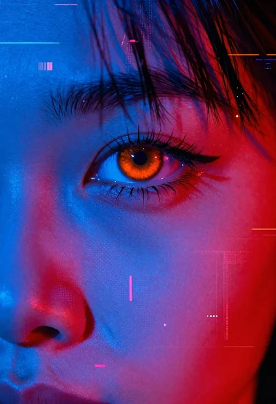 Cyberpunk portrait of an eye with blue and red skin