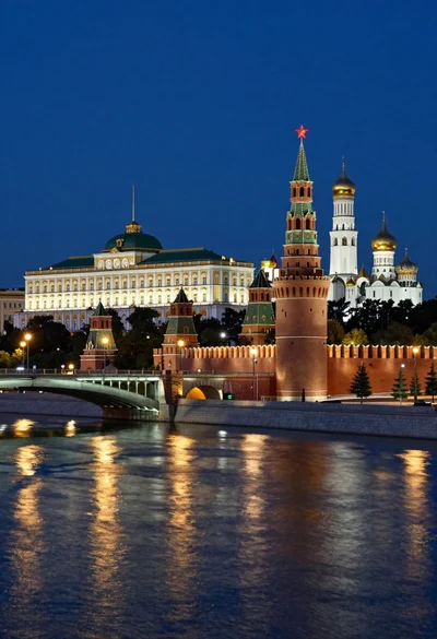 Wide view of illuminated moscow kremlin complex across a wide river at