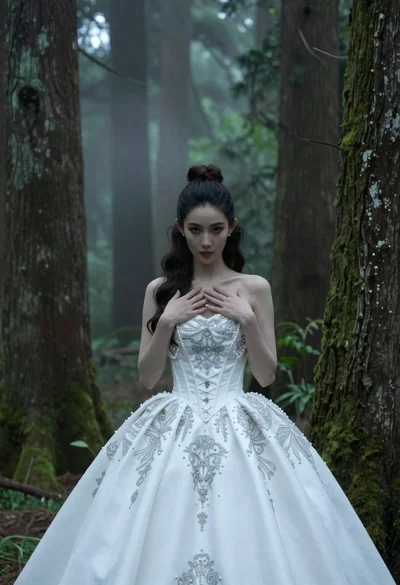 Woman in ornate white gown standing in misty forest with moss covered