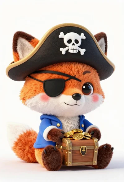Cute orange and white plush fox dressed as a pirate holding treasure