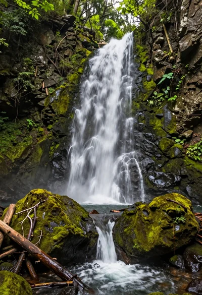 High angle view of a multi stream waterfall in a lush forest