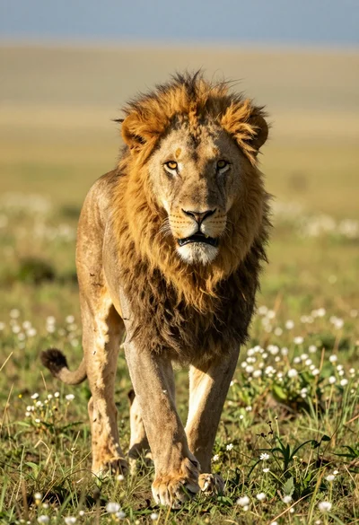 Majestic male lion walking across sunlit grassy savanna plain low angle view