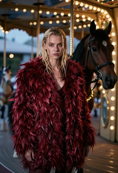 Woman in red feather coat stands near brown horse inside dimly lit