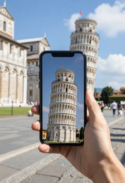 Hand holding smartphone showing leaning tower in plaza