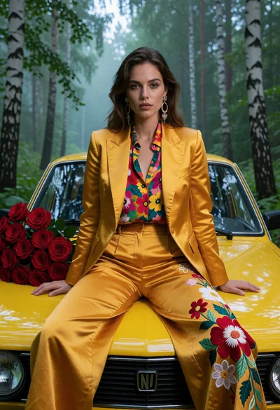 Woman on vintage yellow car hood in misty birch forest setting