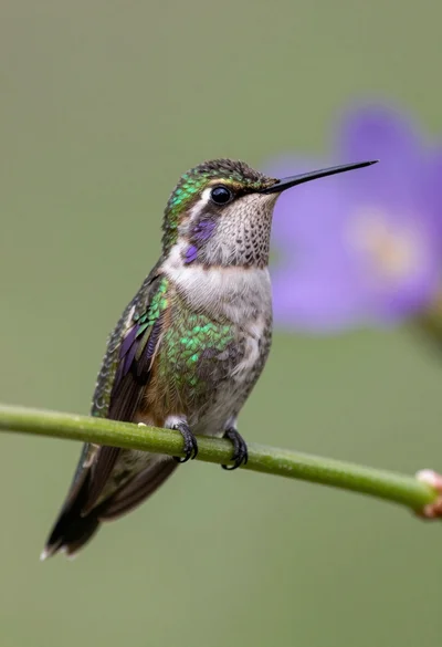 Macro photograph of hummingbird perched on green stem with soft background