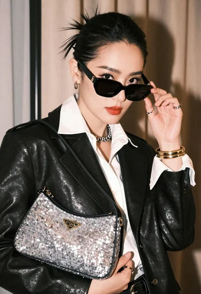 Stylish woman posing indoors holding sparkly handbag adjusting sunglasses