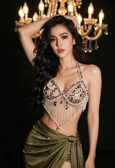 Glamorous woman posing in embellished top against dark chandelier background