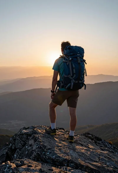 Male hiker standing on rocky mountain peak overlooking misty valley at sunset