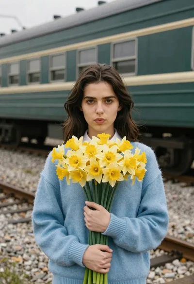 Young woman in blue sweater holding yellow daffodils by railway tracks