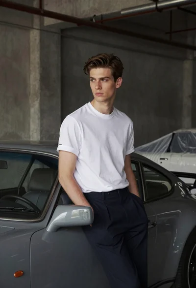 Young man leaning against grey sports car in industrial warehouse setting