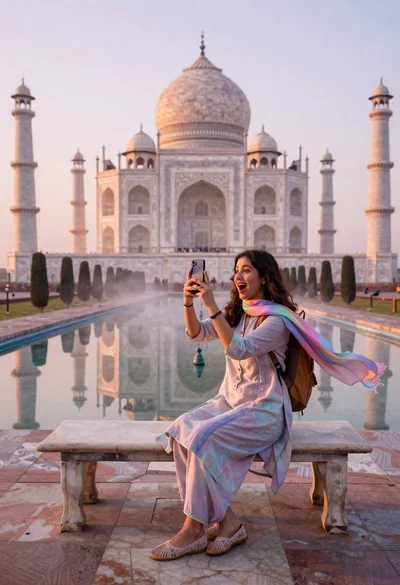 Woman capturing taj mahal reflection in infinity mirror at sunrise