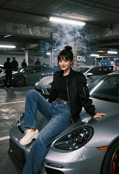 Young woman in black bomber jacket sitting on silver sports car hood