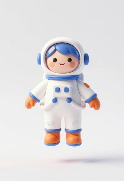 Cute astronaut figure floating in midair against plain white background