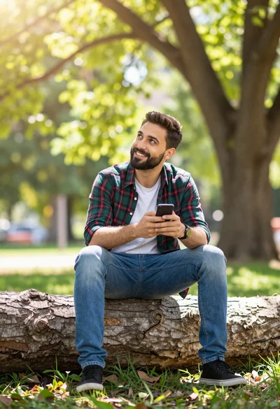 Man sitting on fallen tree trunk looking at smartphone in sunlit park