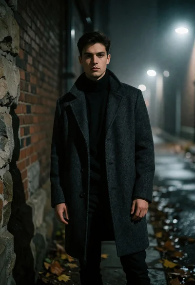 Young man in dark overcoat standing alone in foggy urban alleyway at