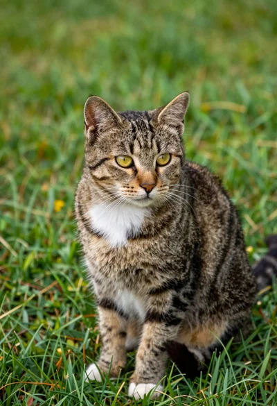 Tabby cat sitting alertly on a lush green grassy lawn outdoors
