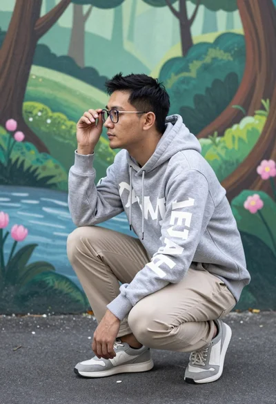 Man crouching thoughtfully against a vibrant fantasy forest mural backdrop
