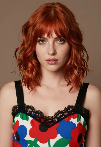 Close up portrait of woman with red hair in floral dress