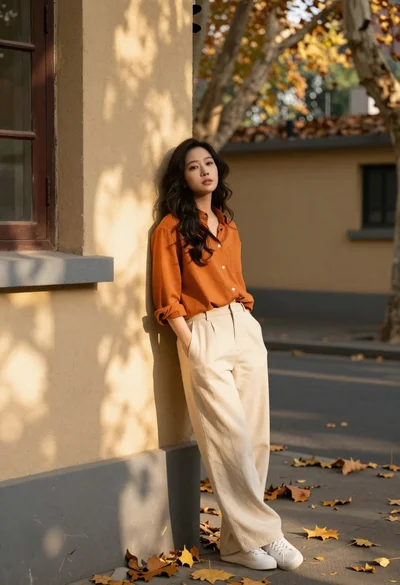 Young woman in burnt orange shirt leaning against beige wall in autumn