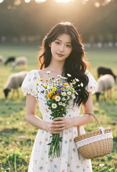 Young woman in white floral dress holding wildflowers in sunny meadow
