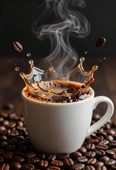 White ceramic coffee cup overflowing with splashing liquid and floating beans