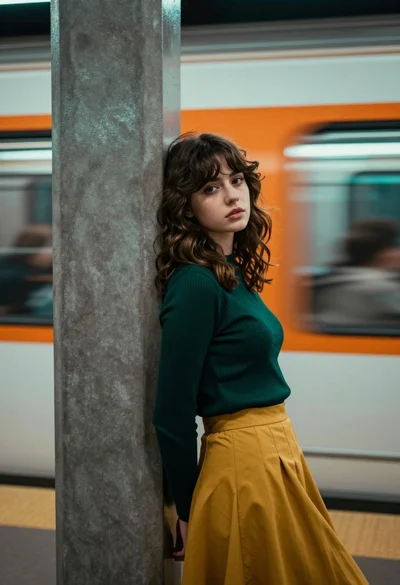 Young woman leaning on pillar in subway station with passing train streaks