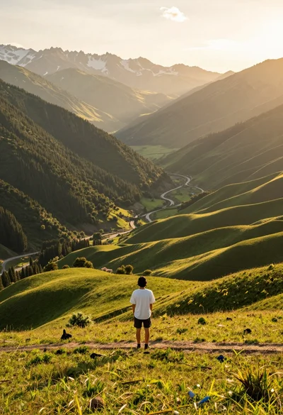 Solitary figure on grassy hill overlooking vast mountain valley at golden hour