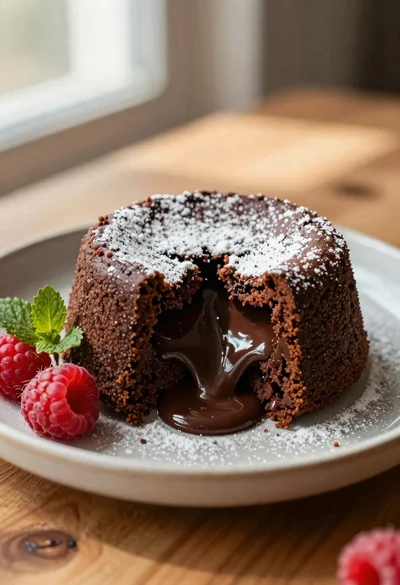 Rich chocolate lava cake with raspberries on wooden table