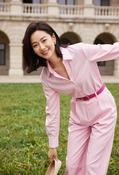Woman in pink blouse picking up shoe on green lawn near stone
