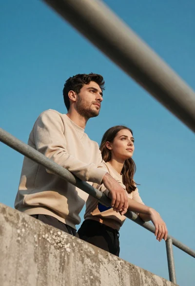 Young couple in beige outfits leaning on concrete railing under blue sky