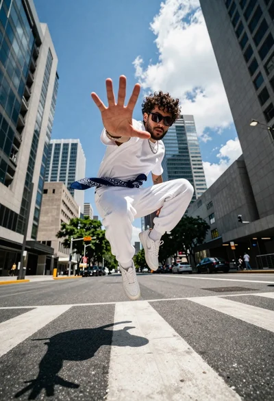 Young man in white outfit jumping mid air on an urban city