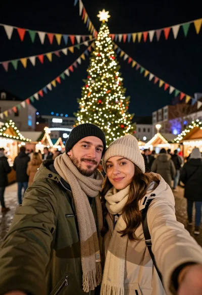 Couple taking a selfie in front of illuminated christmas tree at night