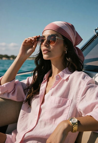 Young woman in pink linen shirt on boat under bright sunlight
