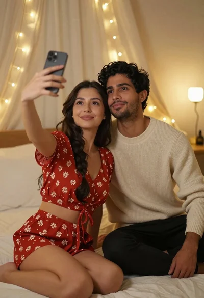 Young couple taking a selfie in cozy bedroom with fairy lights
