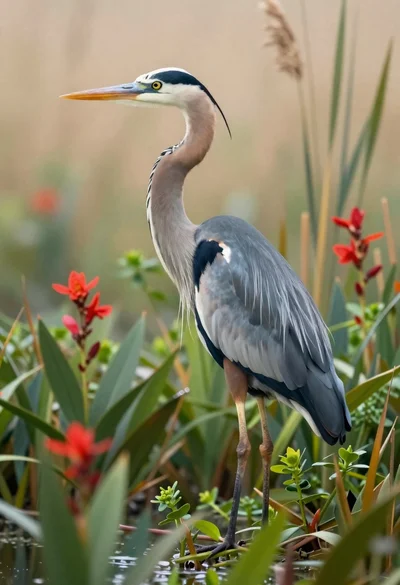 Blue heron standing in lush wetland vegetation