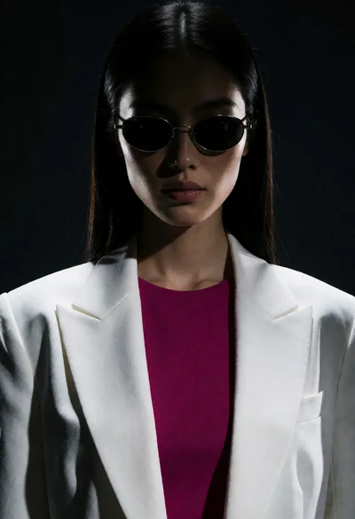 High contrast studio portrait of woman in white blazer and magenta top