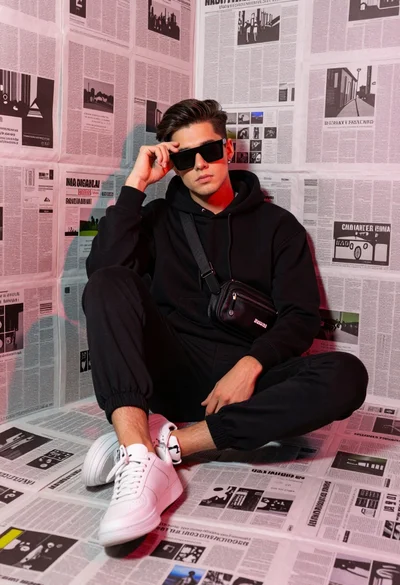 Stylish young man sitting in newspaper corner with colorful ambient reflections