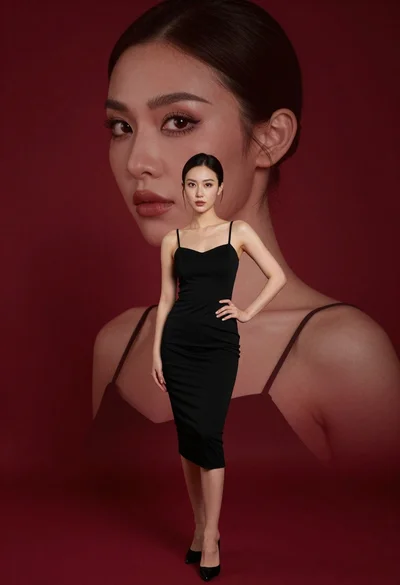 Surreal portrait of woman in black dress posing on deep red background